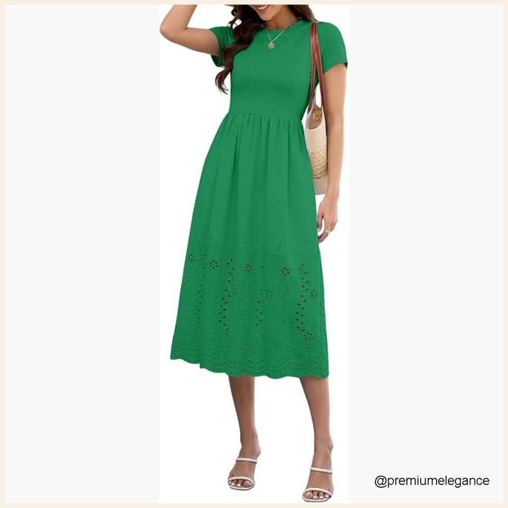 Cotton Maxi Dress with Lace Eyelet Hem and Pockets, A-Line Boho Style
